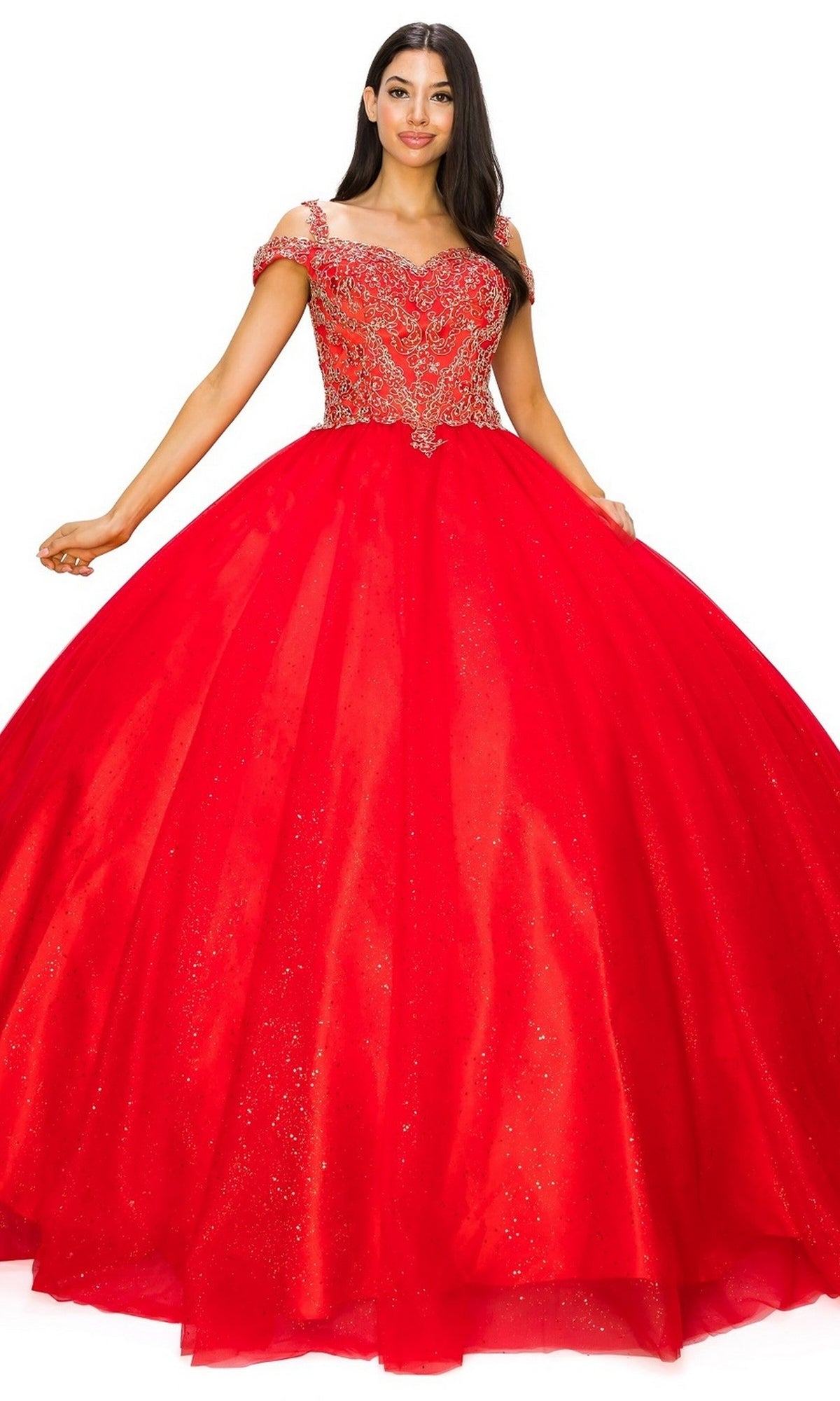 A woman models the Quinceanera Ball Gown 8028J, featuring an off-the-shoulder beaded bodice and a full glitter tulle ball gown skirt, standing against a white background.